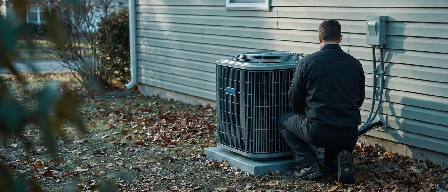 Installer setting a new heat pump outdoor unit on its pad beside a house